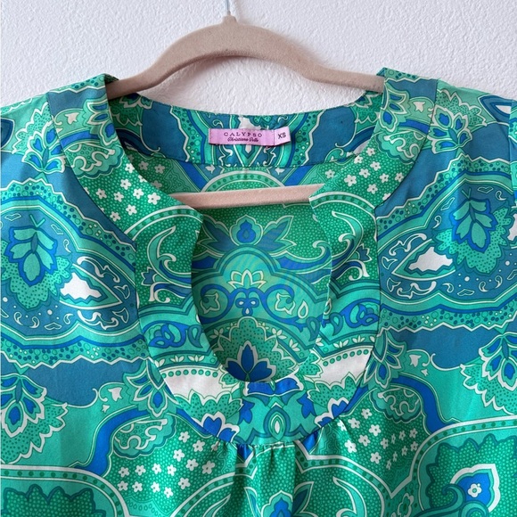 Calypso Christiane Celle XS Green Blue Paisley 100% Silk Blouse Bell Sleeve - Picture 4 of 8